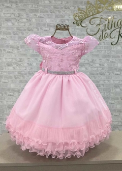 VESTIDO ROSA DE FESTA INFANTIL RENDADO COM TRANSPARÊNCIA