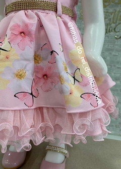 VESTIDO DE FESTA INFANTIL ROSA BUSTO COM APLIQUES DE STRASS SAIA ESTAMPA FLORES - Filhas do Rei Distribuidora Roupa Infantil e Juvenil