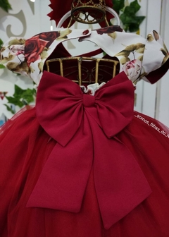 VESTIDO VERMELHO DE FESTA INFANTIL COM SAIA EM CAMADAS E BUSTO FLORIDO