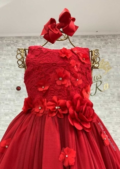 VESTIDO VERMELHO DE FESTA INFANTIL COM APLICAÇÕES DE FLORES 3D