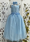 VESTIDO DE FESTA INFANTIL LONGO COM APLICAÇÕES DE FLORES 3D AZUL