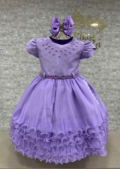 VESTIDO LILÁS DE FESTA INFANTIL LUXO COM SAIA EM CAMADAS E BUSTO COM PLIQUES EM PÉROLAS