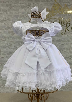 VESTIDO BRANCO DE FESTA INFANTIL LUXO COM SAIA EM CAMADAS E BUSTO COM BORDADOS DE FLORES - loja online