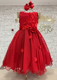 VESTIDO VERMELHO DE FESTA INFANTIL COM APLICAÇÕES DE FLORES 3D