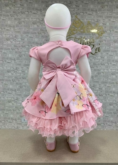 VESTIDO DE FESTA INFANTIL ROSA BUSTO COM APLIQUES DE STRASS SAIA ESTAMPA FLORES - loja online