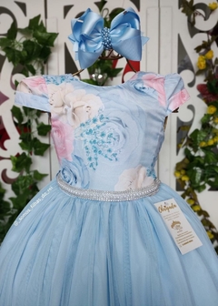 VESTIDO FESTA INFANTIL AZUL CINTO PÉROLAS - loja online