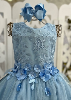 VESTIDO DE FESTA INFANTIL LONGO COM APLICAÇÕES DE FLORES 3D AZUL - comprar online