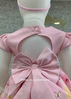 VESTIDO DE FESTA INFANTIL ROSA BUSTO COM APLIQUES DE STRASS SAIA ESTAMPA FLORES