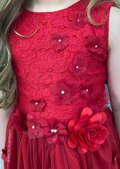 VESTIDO VERMELHO DE FESTA INFANTIL COM APLICAÇÕES DE FLORES 3D