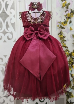 VESTIDO LUXO DE FESTA INFANTIL DE RENDA MARSALA - Filhas do Rei Distribuidora Roupa Infantil e Juvenil