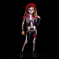 Imagem do Macacão Esqueleto Caveira e Rosas Fantasia de Halloween Adulto / Infantil