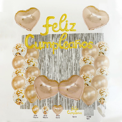 Kit Feliz Cumpleaños. Cortina + Globos Rosa Gold 28 piezas