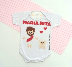 body de bebe branco personalizado mesversario jesus ressuscitado com ovelha pascoa para meninas