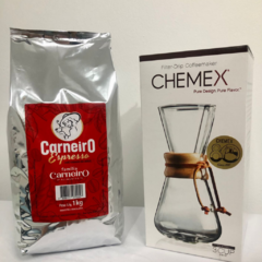Embalagem do Café Espresso Carneiro e uma Chemex