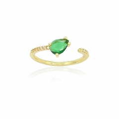 ANILLO AJUSTABLE PIEDRA VERDE CORTE PERA CON ZIRCONIAS. ORO LAMINADO 18K