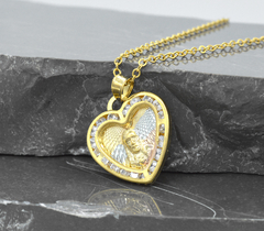 Collar Sagrado Corazón De Jesús Corazón 3 Oros Con Zirconias. Chapa De Oro 14k - CATÁLOGO BLANCO