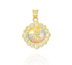 Dije Sagrado Corazón De Jesús Flor Redonda 3 Oros Zirconias. Sin Cadena. Chapa De Oro 14k