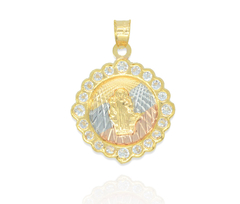 Dije San Judas Tadeo Flor Redonda 3 Oros Con Zirconias. Sin Cadena. Chapa De Oro 14k