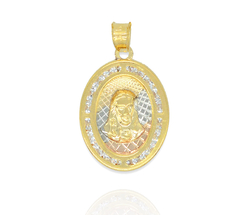 Dije Sagrado Corazón De Jesús Ovalo 3 Oros Zirconias. Sin Cadena. Chapa De Oro 14k