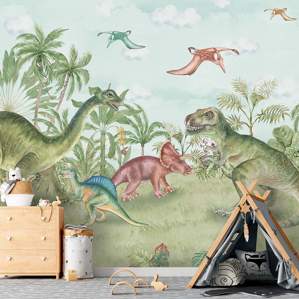 Papel de parede infantil Dinossauros verde