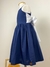 Vestido infantil menina alça azul marinho com cinto laço branco decote reto saia rodada Livia