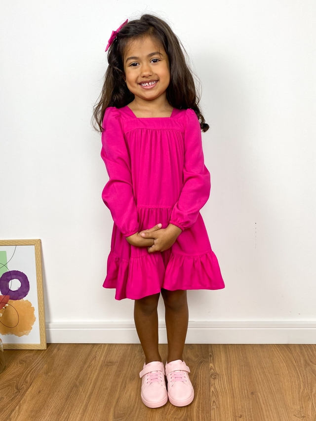 Vestido infantil de laise pink rosa bordado floral com barrado e babados e  laços tam 1 a 8 anos Isabela