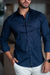 Camisa OXN ML Azul Dark Blue - Modelagem Slim - Salvino Store