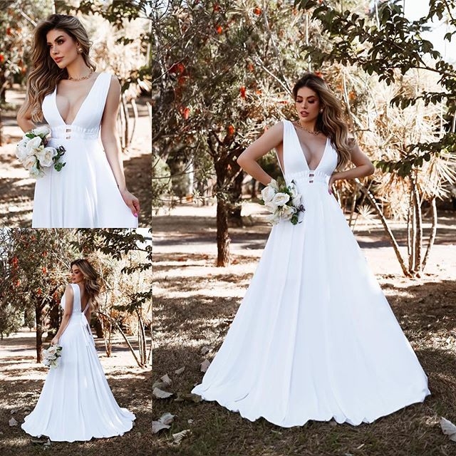 Vestido Longo Fluido Branco Off Noiva com detalhes em cetim