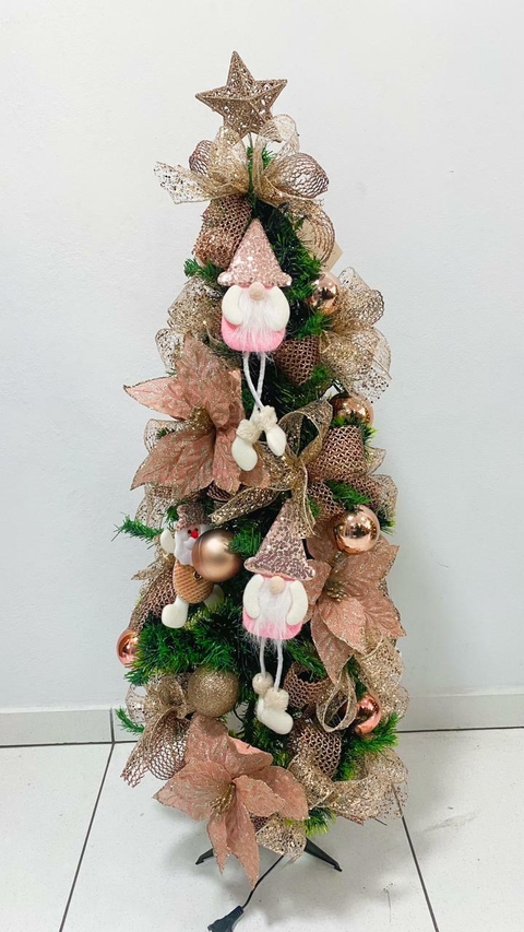 Árvore De Natal Rosa E Dourado Decorada Pronta P Uso 70cm