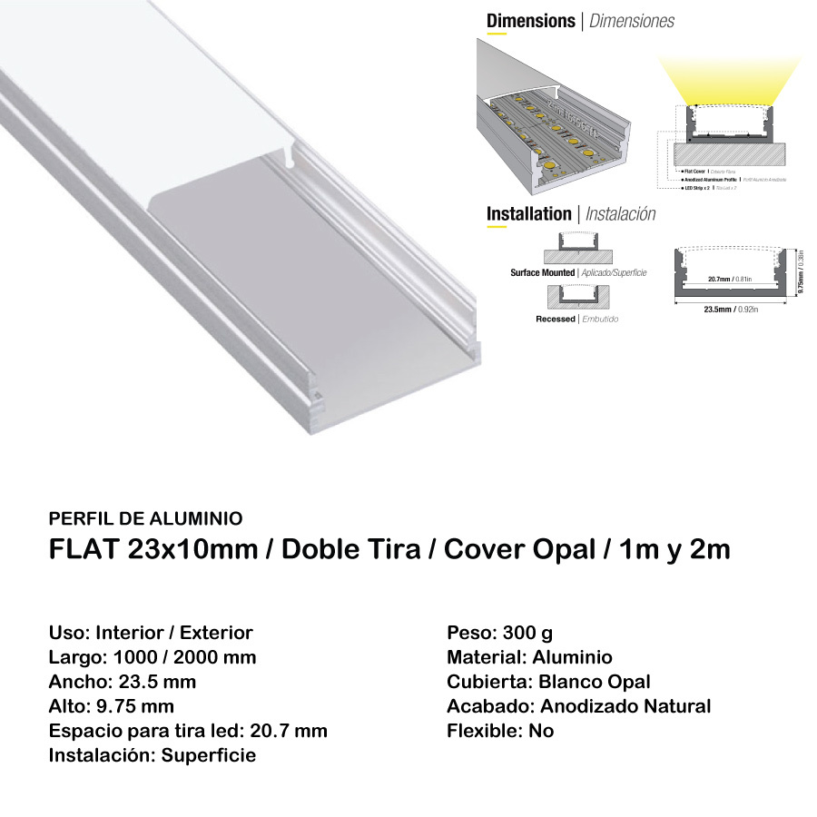Perfil De Aluminio Slim 1mt P/tira Led 17x7mm C/cover Opal C/tira