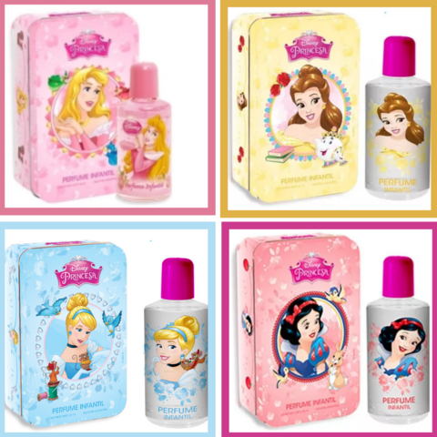 Perfume x 50 ml en lata princesas, Cenicienta, Blancanieves, Aurora, Bella