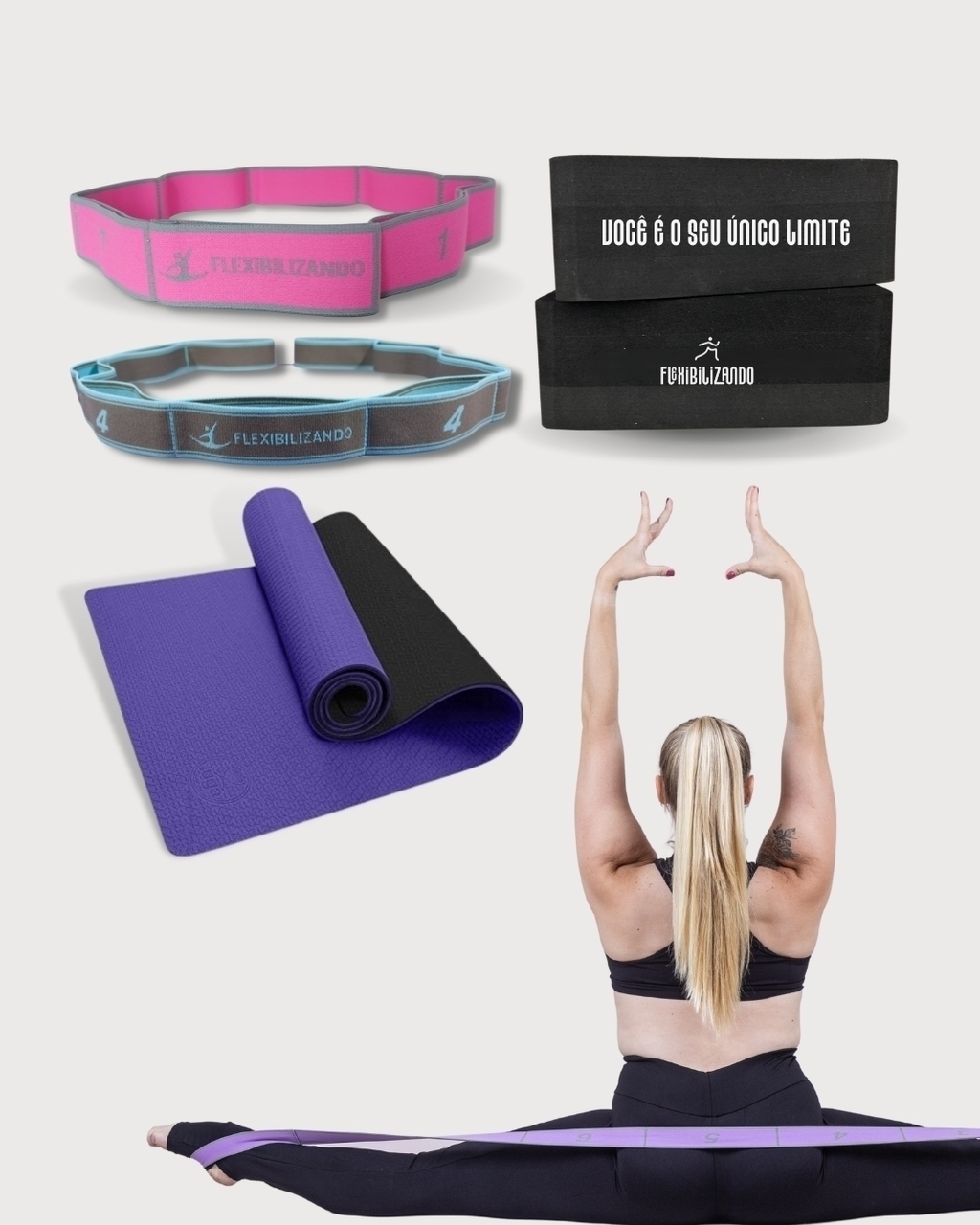 Kit 1 tapete de yoga, 2 elásticos de flexibilizando e 1 par de