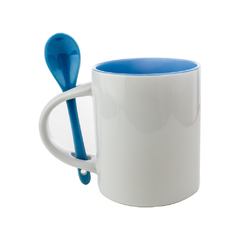 Caneca com Colher e Interior Azul claro Base Reta