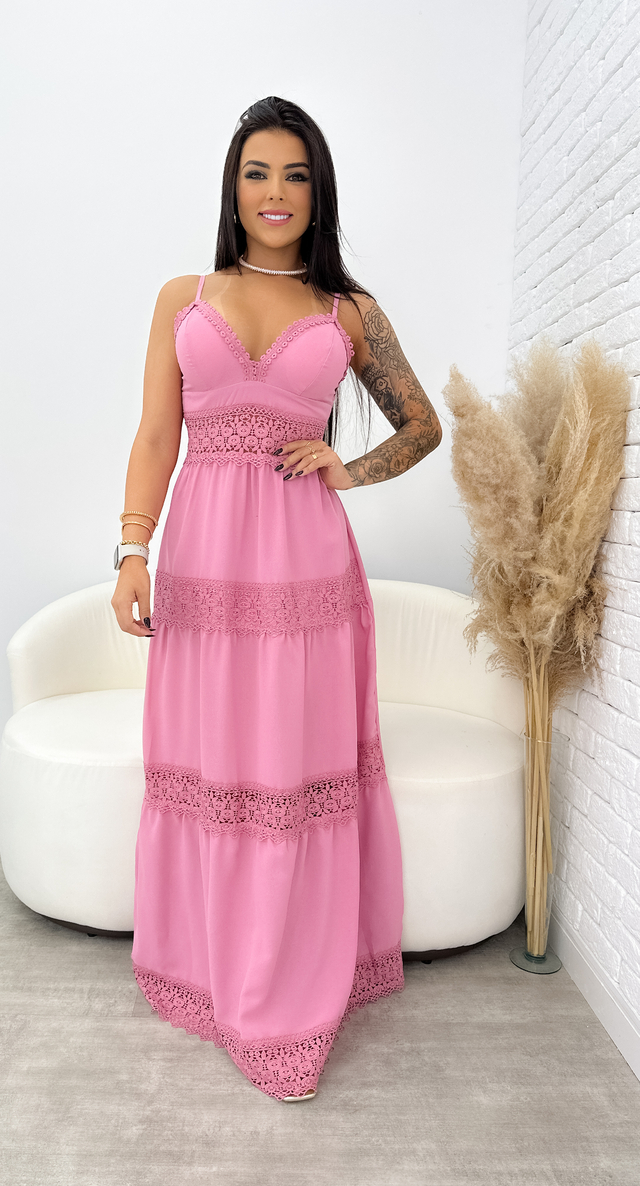 Vestido Feminino Longo Renda Na Cintura Ashley