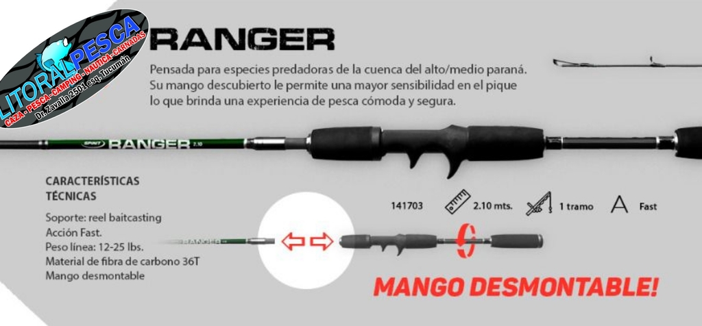 CAÑA SPINIT RANGER 2,10 MTS 12-25LB 1 TRAMO MANGO DESMONTABLE