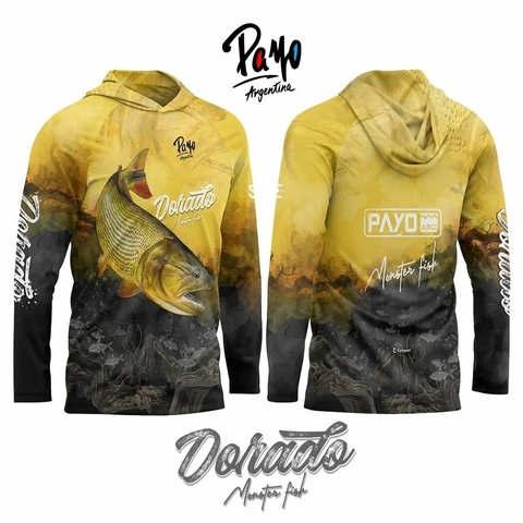 REMERA PAYO DORADO MONSTER FISH CON CAPUCHA SECADO RAPIDO PROTECCION UV Y TELA RESPIRABLE