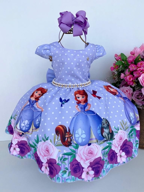 Kit Vestido infantil tema Princesa Sofia + Laço para Cabelo - Lilás