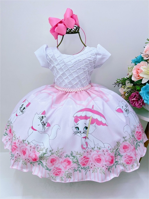 Vestido Infantil Gatinha Marie Luxo Orelhas Acompanha Tiara - Rosa Charmosa  Atacado