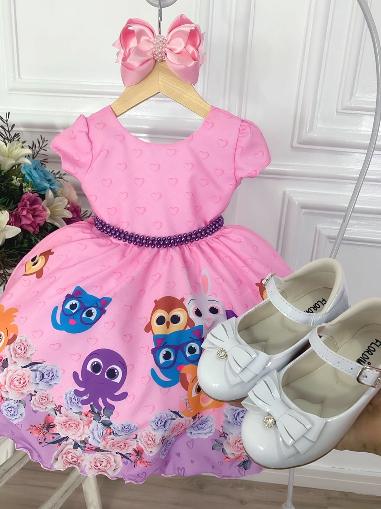 Vestido Infantil Moana Baby Rosa Azul Cinto Pérolas Luxo - Rosa