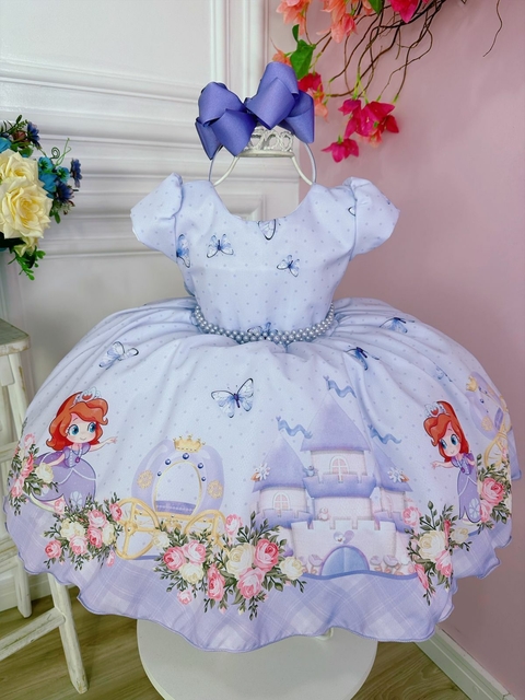 Vestido Infantil Princesa Sofia Com os Animais Lilás Strass