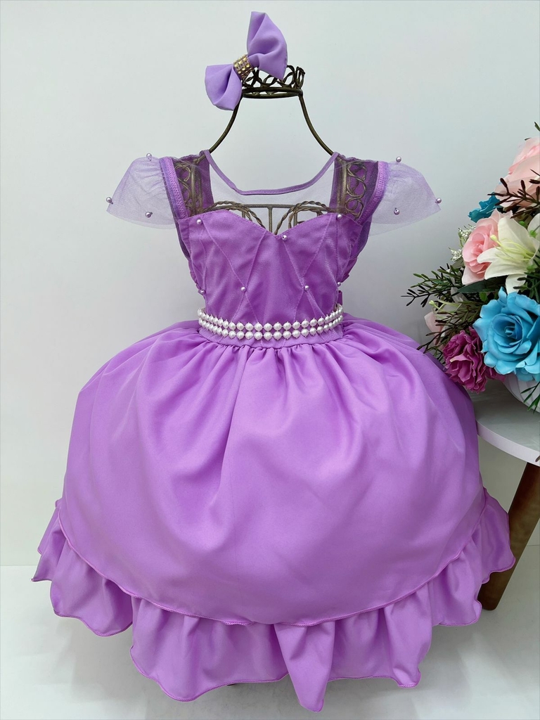 VESTIDO INFANTIL LILÁS BOLINHAS PRINCESA SOFIA CINTO PÉROLAS