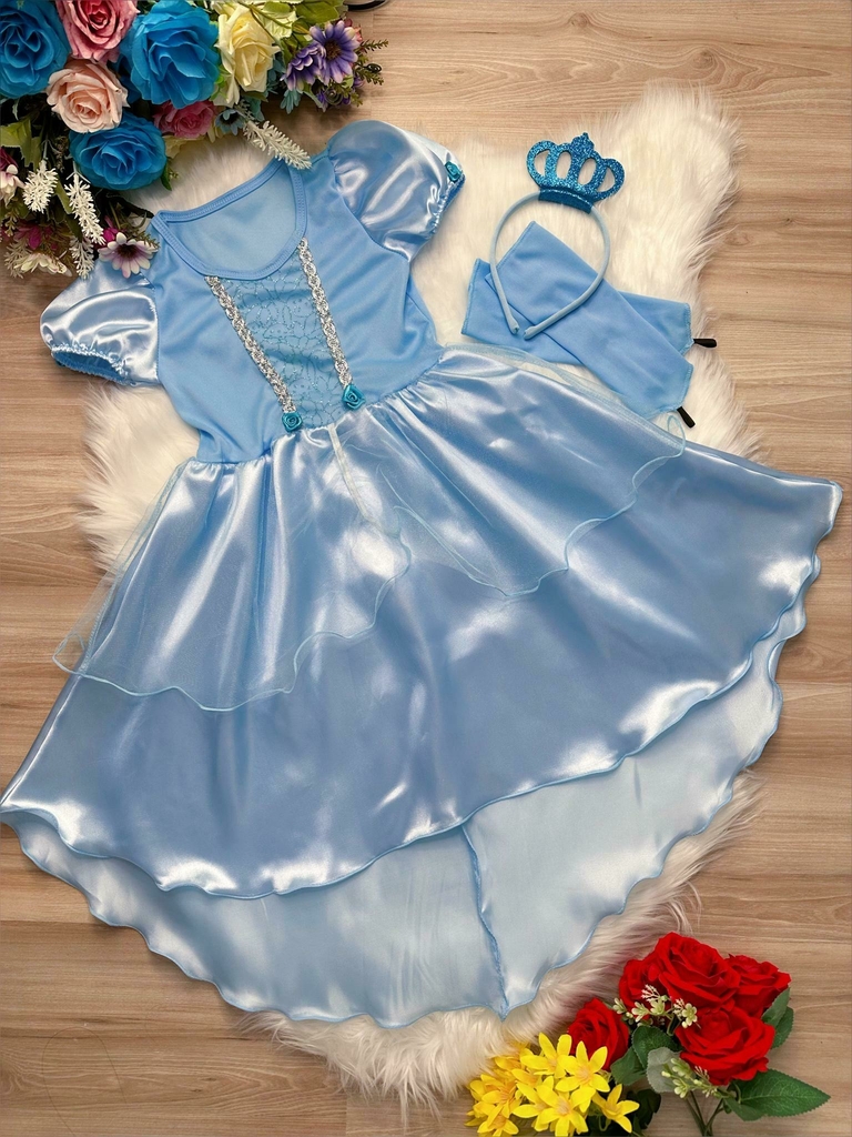 Fantasia Vestido Cinderela Infantil Luxo Com Coroa E Luvas