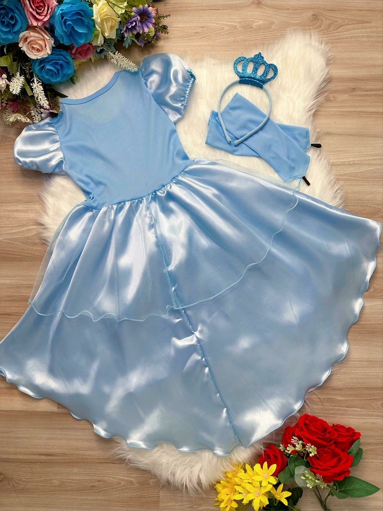 Fantasia Vestido Infantil Princesa Cinderela + Luvas + Coroa