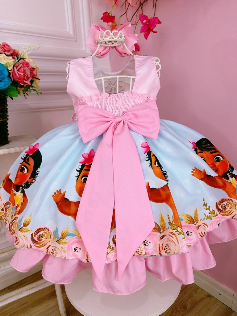 Vestido Infantil da Moana Baby no Jardim Rosa e Azul Luxo