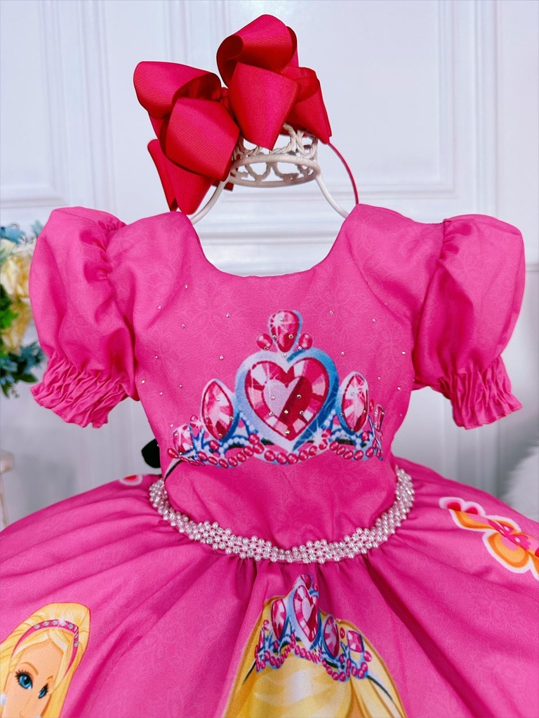 Vestido Infantil Princesa Barbie Rosa Com Aplique de Laço