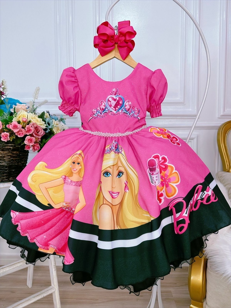 Vestido Infantil Princesa Barbie Com Laço e Glitter - Rosa