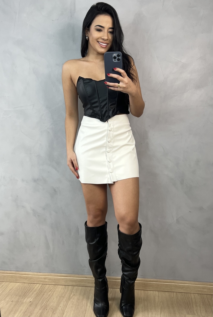 Cropped Corset Courino Trançado Costas Preto