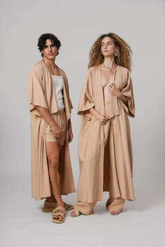 Kimono Longo com Gola Mayumi Areia Lyocel - U