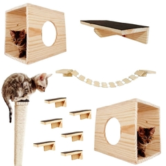 Conjunto de 11 peças do playground para gatos Mingau, incluindo casas, plataformas e arranhadores, com gatinhos brincando.