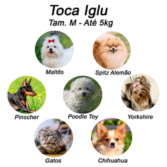 Imagem com diferentes raças de cães e gatos que podem usar a Cama Toca Para Cães Iglu de Luxo, incluindo Maltês, Spitz Alemão, Poodle Toy, Pinscher, Yorkshire, Chihuahua e gatos.